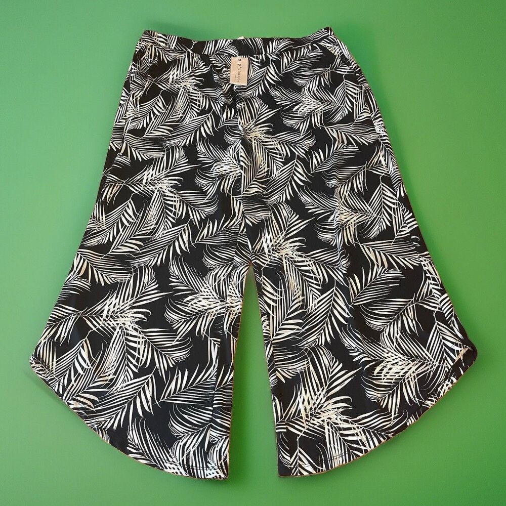 Philosophy Republic Clothing Womens XL Black White Tropical Palm Wide Leg Pants